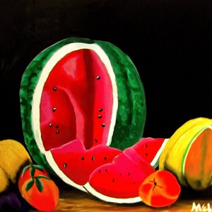 original fruit still life painting, watermelon still life painting, original watermelon still life painting, food art still life