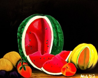 original fruit still life painting, watermelon still life painting, original watermelon still life painting, food art still life