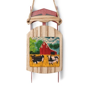 cow Christmas ornament, farm theme Christmas ornaments, holstein cow Christmas ornaments, cow ornaments, Sled Ornaments