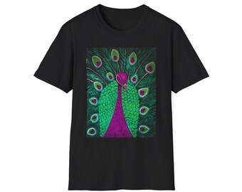 einzigartiges Pfau-Grafik-T-Shirt, kurzärmeliges Pfau-Grafik-T-Shirt, buntes Pfau-Grafik-T-Shirt, Pfau Unisex Softstyle T-Shirt
