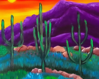 Southwest art, cactus, mountains, desert painting, desert, landscape, nature,