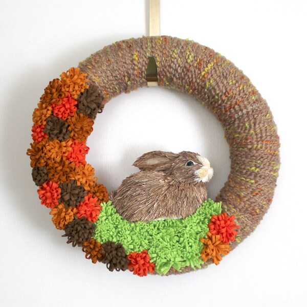 Brown Bunny Wreath, Rabbit Wreath, Spring Wreath, Yarn Wreath, 14 inch size - Ready to Ship