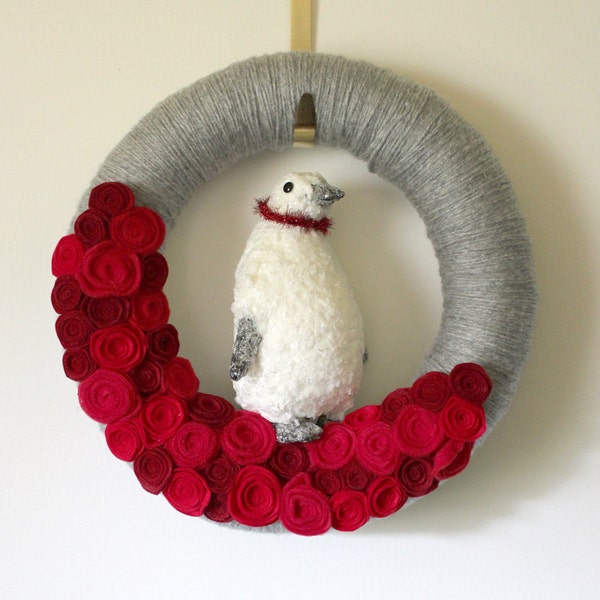 Red Penguin Wreath, Gray Base, 14 inch size