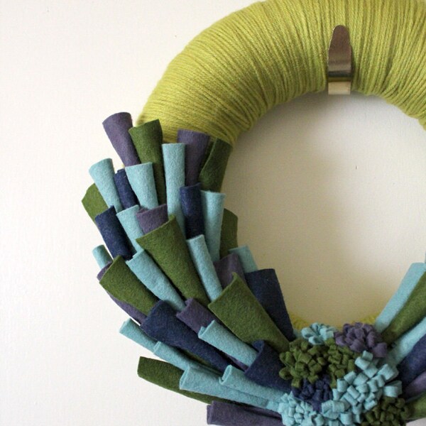 Peacock Felt Wreath, Yarn with Green, Blue, Purple Accents, 12 inch