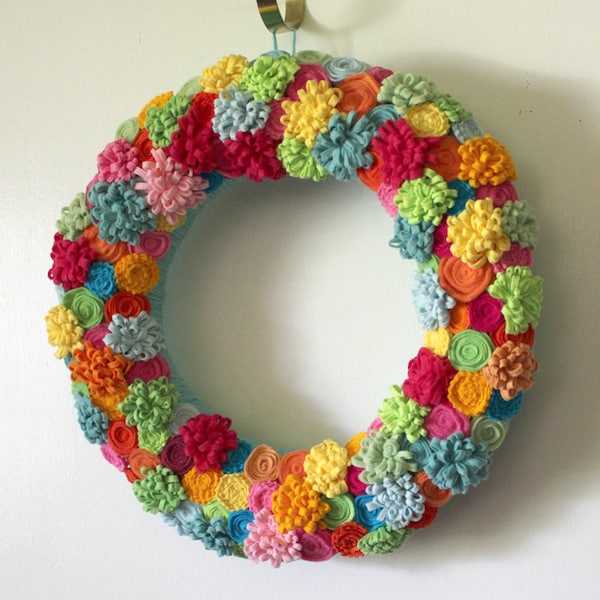 All Over Floral Wreath, Summer Wreath, Bright Yarn and Felt Wreath, 14 inch size - READY TO SHIP