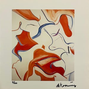 Könnte beinhalten: Abstrakter Kunstdruck mit orangefarbenen, blauen und violetten Pinselstrichen auf weißem Hintergrund. Das Kunstwerk enthält den Text "7/100" und die Signatur des Künstlers "de Kooning."