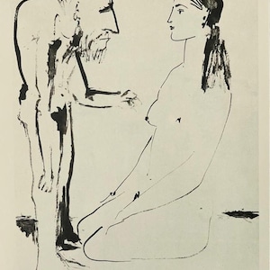 Peut inclure: Dessin à l'encre noire et blanche d'un vieil homme et d'une jeune fille. L'homme, avec une longue barbe, fait face à la jeune fille assise. La jeune fille est nue, les cheveux attachés. L'œuvre est signée et datée 5.1.54, avec le texte "Old Man and Young Girl (1954)" en dessous.