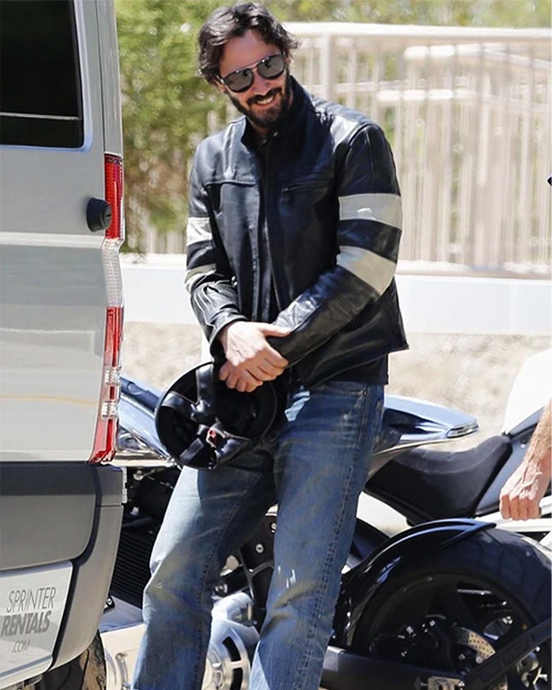 Keanu Reeves Inspired Black Leather Biker Jacket: Striped