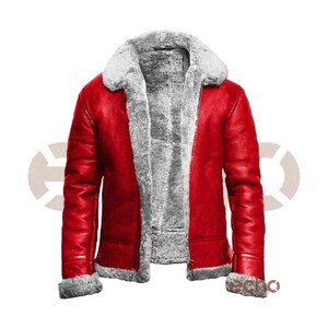 May include: A red leather jacket with a white faux fur collar and lining. The jacket has a zipper closure and two pockets.