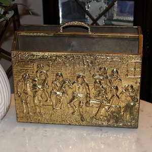 Vintage Brass & Wood Magazine Holder – Mid-Century Dutch Tavern Scene – Repoussé Brass Fireplace Rack