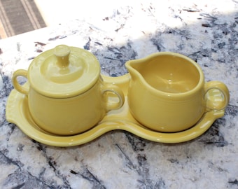 Fiestaware Sugar & Creamer Set with Tray – Sunflower Yellow – 3-Piece Ceramic Ensemble - Vintage