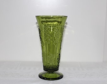 Vintage Indiana Glass Colony 1970s Avocado Green Harvest Grape 7 1/2" Footed Vase