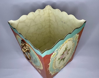 Hand-Painted Metal Cachepot Planter with Lion Head Ring Pulls | Rococo Revival Style