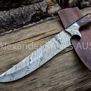 17&quot; Handmade Damascus Steel Hunting Vintage Bowie Knife with Wood Handle Birthday Anniversary Wedding Gift For Him made in USA AK-28