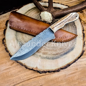 12&quot; Handmade Damascus Steel Hunting Bowie Knife with Stag Handle Birthday Anniversary Wedding Personalized Gift For Him made in USA AK-7