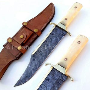 15&quot; Handmade Damascus Steel Hunting Vintage Bowie Knife with Bone Handle Birthday Anniversary Wedding Gift For Him made in USA AK-30