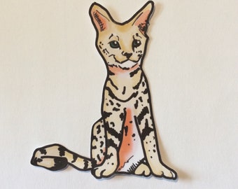May include: A hand-drawn illustration of a sitting, spotted cat with black and white markings. The cat has a light brown body with a peach-colored chest and a white face. The cat has green eyes and a black nose.