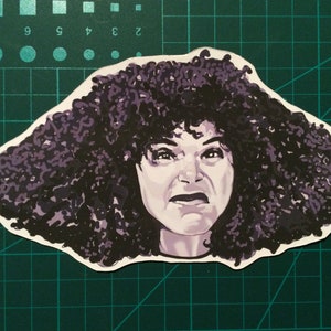 May include: A hand-drawn illustration of a woman with a large, curly afro hairstyle. She has a serious expression on her face and is looking directly at the viewer.