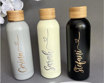 Elegant insulated bottle, thermos bottle, drinking bottle personalized with name, bamboo design/ Great gift for woman / man / birthday