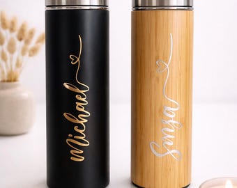 Elegant, minimalist insulated bottle with tea strainer in bamboo design, thermos flask, personalized drinking bottle with name, gift!