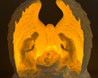 Illuminated Nativity Scene with Angel Wings Protecting Joseph, Mary, and baby Jesus - 3D printed