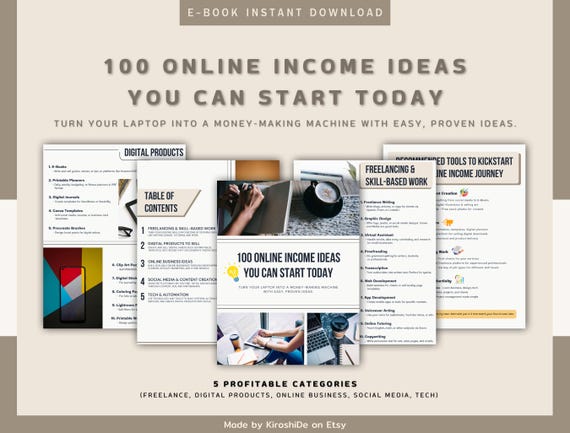 100 Online Income Ideas eBook – Side Hustle & Passive Income Guide (Digital Download)