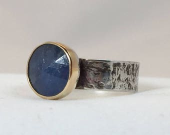 Rose Cut Blue Sapphire in 14k Gold Sterling Silver Modern Engagement Ring, Alternative Bridal