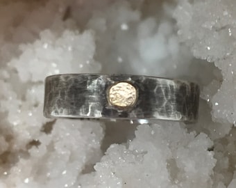 14k Gold and Sterling Silver Hammered Wedding Band, Gold Dot Band, Silver and 14k Gold Band