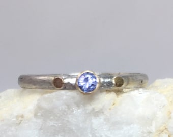 Natural Blue Purple Tanzanite Ring, 14k Gold Sterling Silver with Gold Dots / Tanzanite Stacking Ring/ Tan