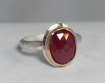 Rose Cut Ruby In 14k Gold Sterling Silver Ring Modern Engagement Ring, Alternative Bridal, Statement Ring
