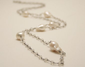 Long baroque pearl and moonstone wire wrapped chain
