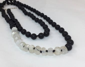 Matte Onyx Rainbow Moonstone and Sterling Silver Long Knotted Necklace