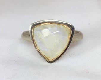 14k Gold Rainbow Moonstone and Sterling Triangle Ring