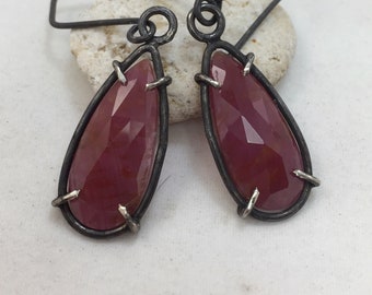 Rose Cut Sapphire Earrings Prong Set in Silver, Ruby Earrings