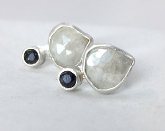 White and Black Sapphire Cluster Earrings, Silverite and Black Sapphire Sterling Earrings