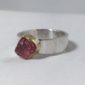 Raw Ruby Ring 14k Gold and Sterling Band; Rough Ruby