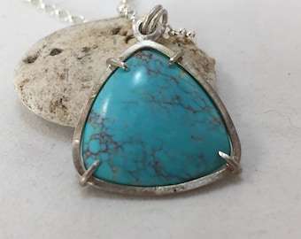 Turquoise Slice Sterling Silver Prong Necklace, Turquoise Jewelry, Natural Turquoise Necklace, December Birthstone