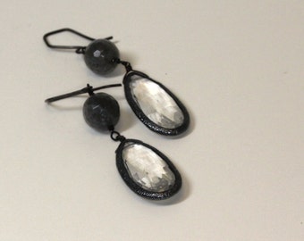 Quartz teardrop earrings bezel set in sterling with labradorite