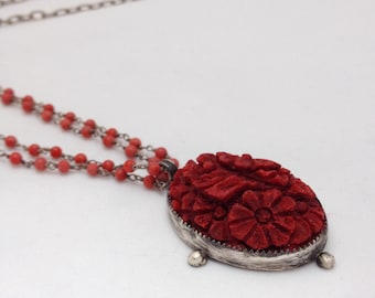Bezel Set Carved Coral Sterling Silver Long Necklace