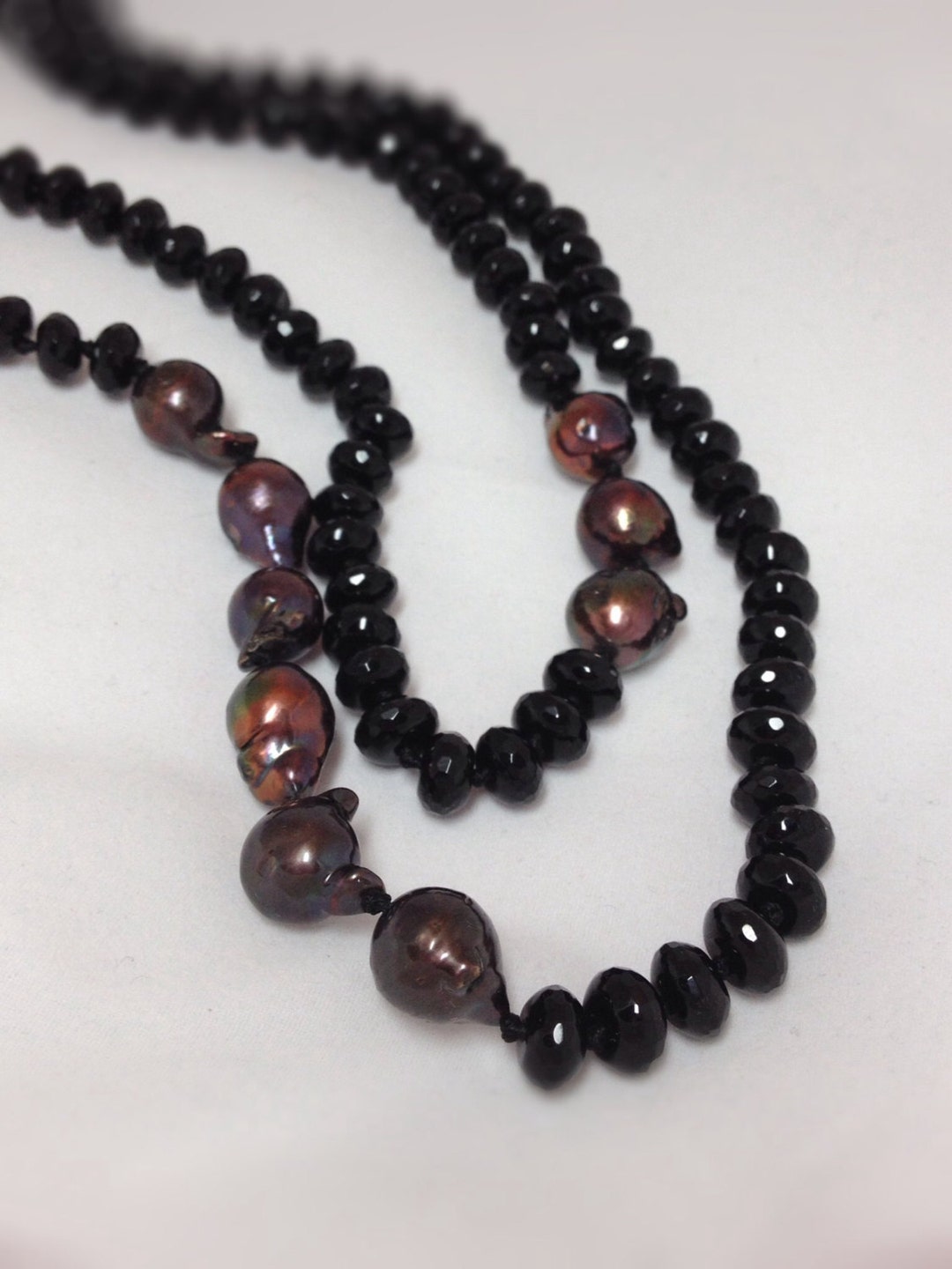 Baroque Pearl Faceted Onyx and Sterling Silver Long Knotted - Etsy