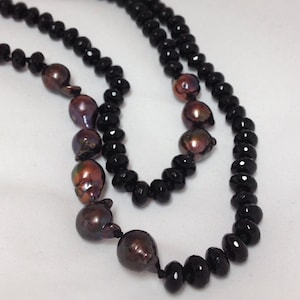 Baroque Pearl Faceted Onyx and Sterling Silver Long Knotted Necklace