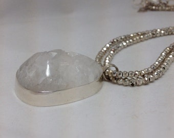 Bezeled Large Quartz Teardrop on Double Strand of Pyrite in Sterling Silver Necklace