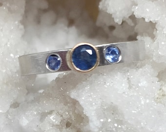 Blue Sapphire Three Stone Engagement Ring, Alternative Engagement, Stack Ring, 14k Gold Silver