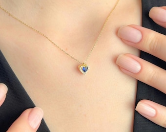 Tiny Sapphire Heart Necklace for Women, Sapphire Heart Charm Jewelry, Dainty Gold September Birthstone Pendant, Birthday Gift for Her