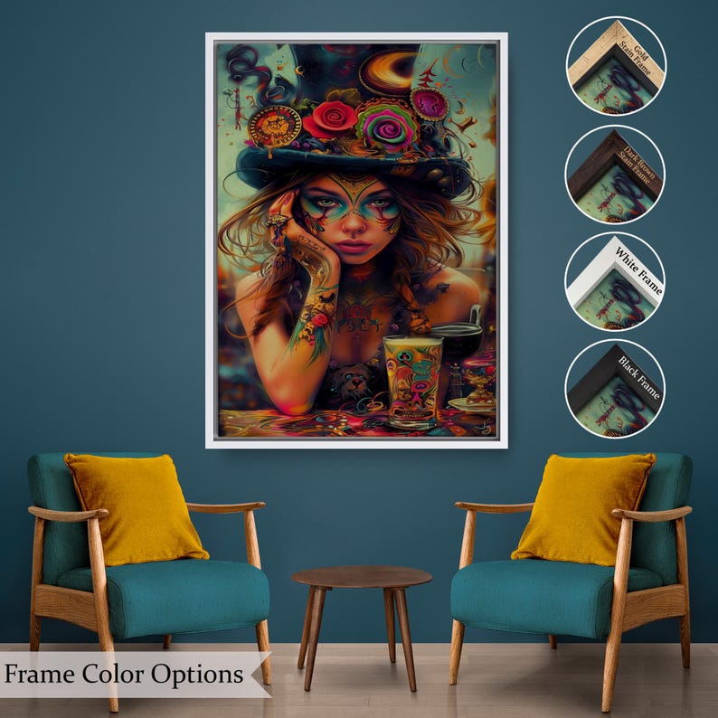 Surreal Tattooed Hippie Woman Canvas Painting, Classic Canvas Art