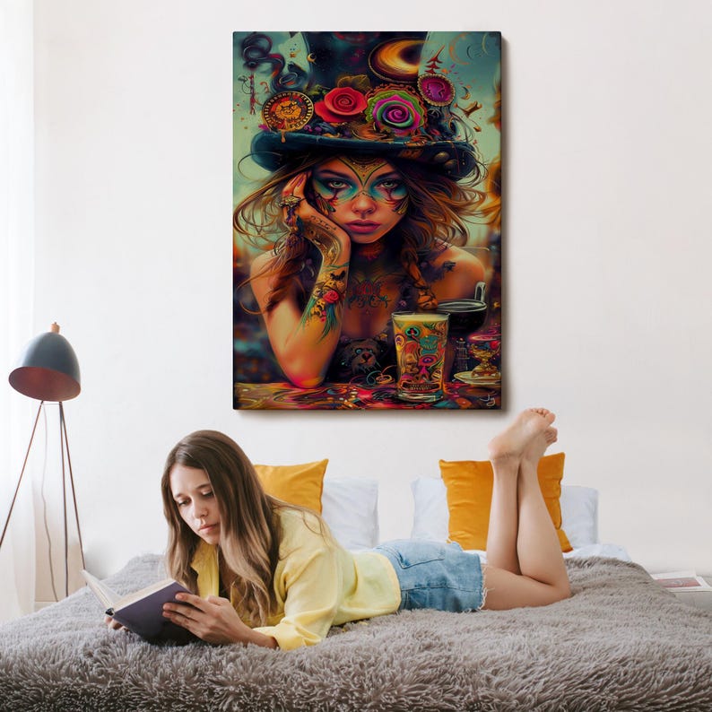 Surreal Tattooed Hippie Woman Canvas Painting, Classic Canvas Art