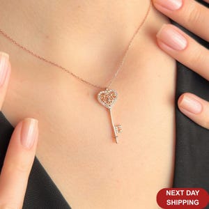 Key with Heart Zirconia Necklace, Sterling Silver Key Pendant for Women, Birthday Jewelry, Minimalist Necklace, Anniversary Gift for Her