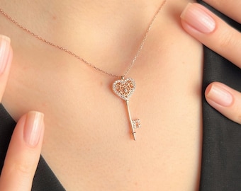 Key with Heart Zirconia Necklace, Sterling Silver Key Pendant for Women, Birthday Jewelry, Minimalist Necklace, Anniversary Gift for Her