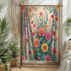 Vibrant Wildflower Sherpa Blanket: Boho Cottagecore Fleece Throw