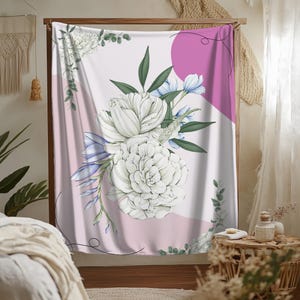 Cottagecore Floral Sherpa Throw Blanket: Boho White Flowers Fleece